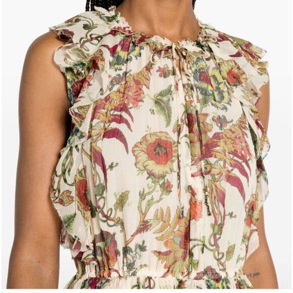 NWT Silk Ulla Johnson Adrienne Midi Dress w/ Ruffles Ecru Floral Size 6 - Picture 3 of 15